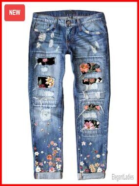 Womens Plaid Patch Ripped Boyfriend Distressed Stretch Skinny Denim Jeans